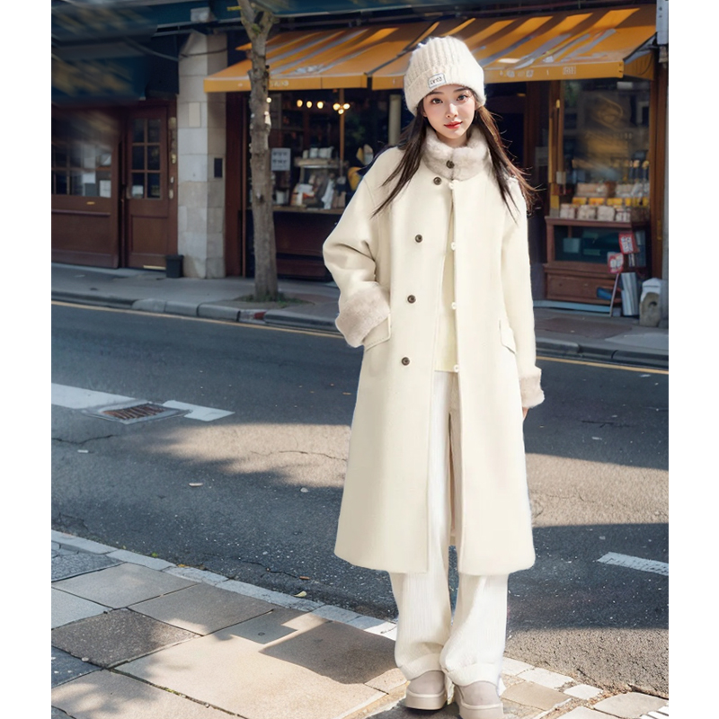冬季新款米白色毛呢外套女时尚感气质简约加厚毛毛呢子大衣上衣