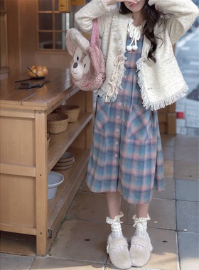 彩糖少女吊带背心连衣裙女秋季新款小个子格纹背心裙打底衫两件套