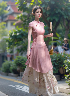 《小桃灼灼》新中式改良旗袍+印花两件套收腰高级感文艺少女套装