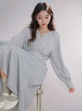 江南雅气 新中式异形领金属扣连衣裙胖mm收腰遮肚气质中长裙