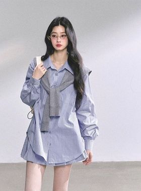 菲尔顿学院 韩系蓝色格子衬衫半裙套装女秋季设计感学院风两件套