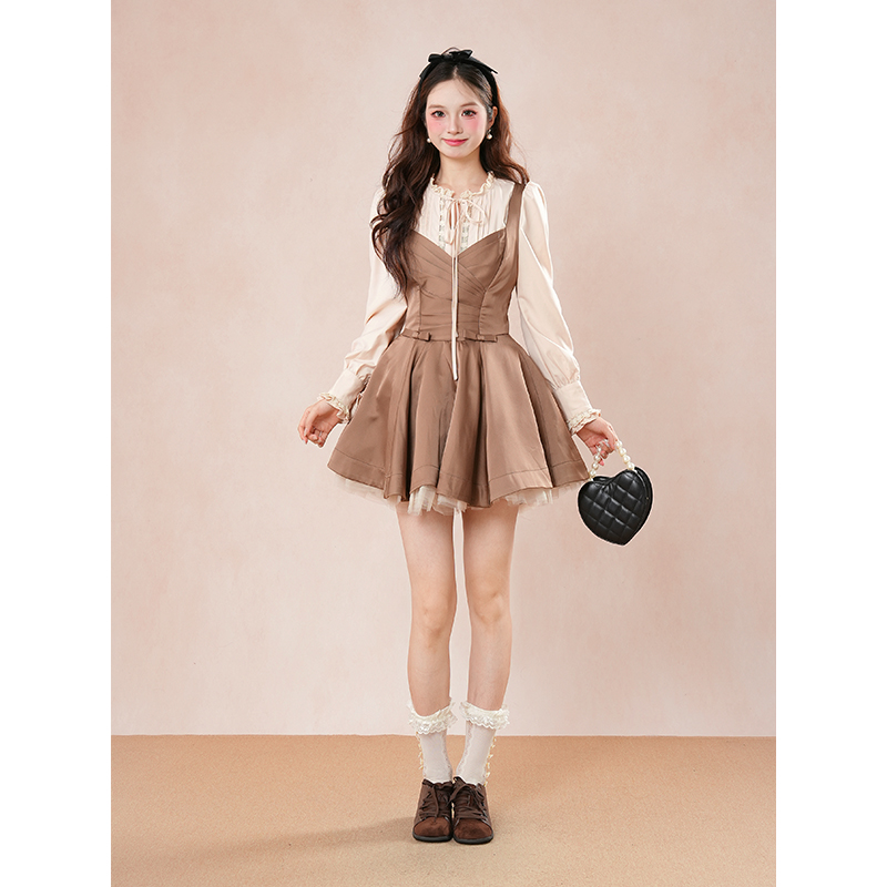 中世纪公主 秋冬新款富家千金复古假两件连衣裙宫廷风收腰公主裙