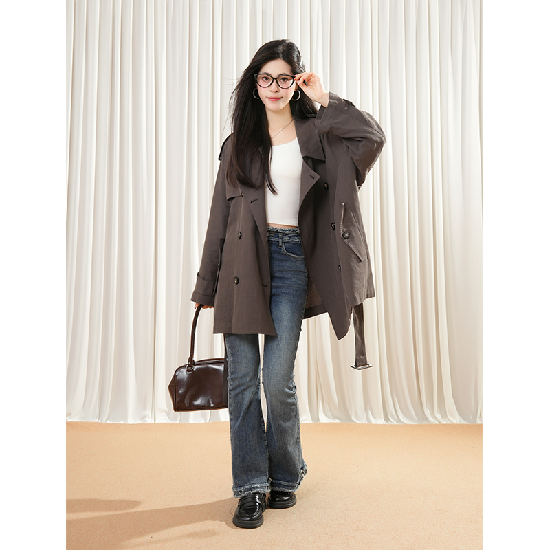 韩系简约风衣女秋季穿搭小个子复古宽松显瘦高级感中长款气质外套