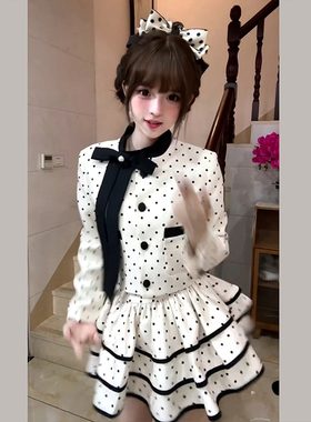 法式富家千金感复古套装裙女秋季新款波点外套蓬蓬蛋糕短裙两件套