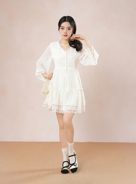 日系古着vintage蕾丝木耳花边七分袖连衣裙早秋小个子气质感短裙
