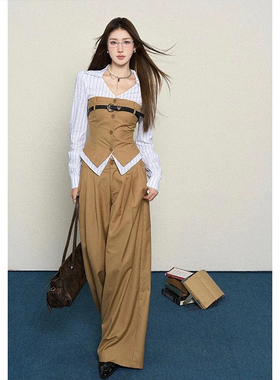 2025秋季新款老钱风设计感撞色假两件拼接长袖上衣显瘦长裤两件套