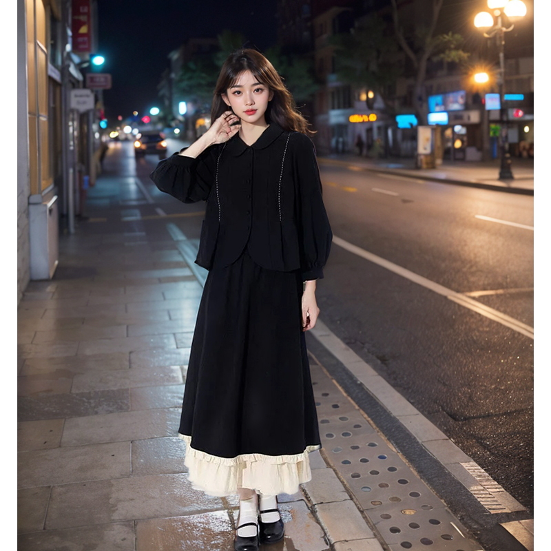 黑色娃娃领长袖衬衫女秋季宽松复古灯笼袖肌理感衬衣+半身裙套装