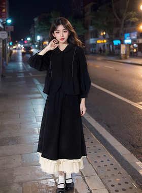 黑色娃娃领长袖衬衫女秋季宽松复古灯笼袖肌理感衬衣+半身裙套装