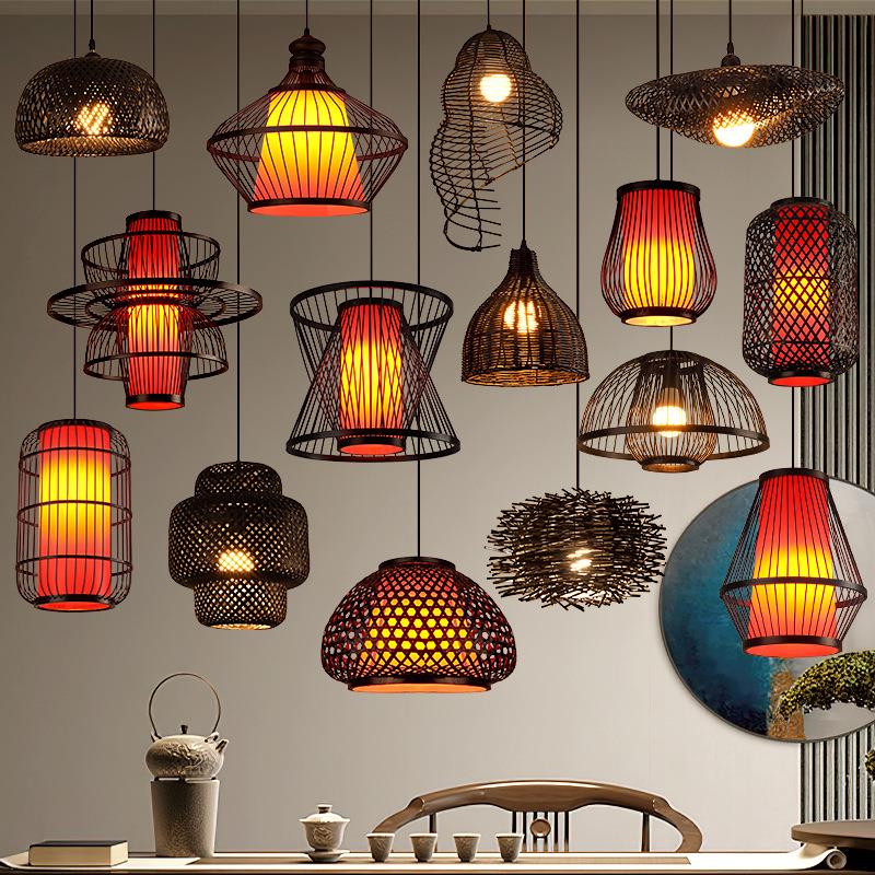 竹编吊灯中式禅意茶室餐厅民宿灯具日式藤编灯笼复古竹艺编织灯罩