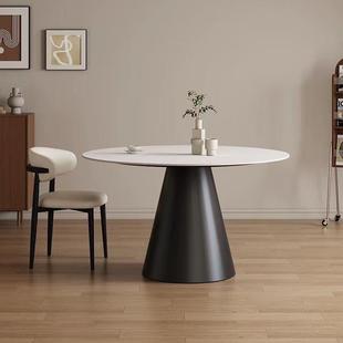 意式极简岩板圆形餐桌带内嵌转盘纯黑圆桌现代简约家用餐桌椅组合