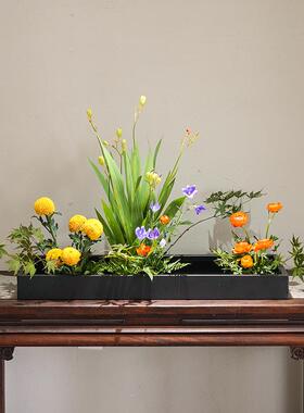 不锈钢特大超大铁艺方盘花器 小原流写景琳派 黑色花盘日式花道