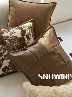 轻奢老钱风抱枕套设计高级感兔毛靠垫皮革编织百搭靠枕样板间腰靠