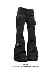 Plus-Size American High-Street Style Washed Vintage Multi-Pocket Workwear Jeans for Women, 2025 New Slim-Fit Flared Long Pants Trendy