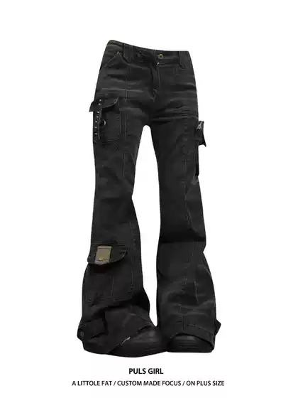Plus-Size American High-Street Style Washed Vintage Multi-Pocket Workwear Jeans for Women, 2025 New Slim-Fit Flared Long Pants Trendy