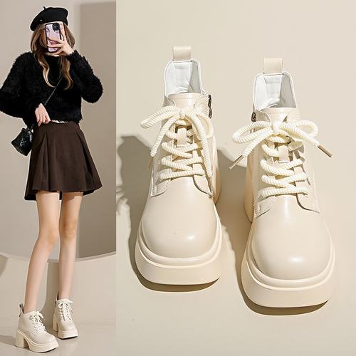 正品真皮白色系带马丁靴女短靴