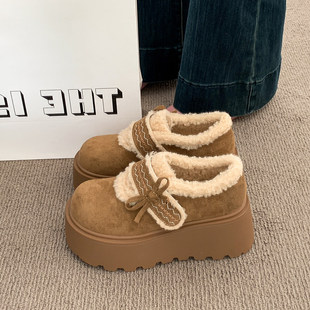 品牌真皮小个子增高厚底加绒勃肯雪地靴女2025冬新款加绒乐福棉鞋