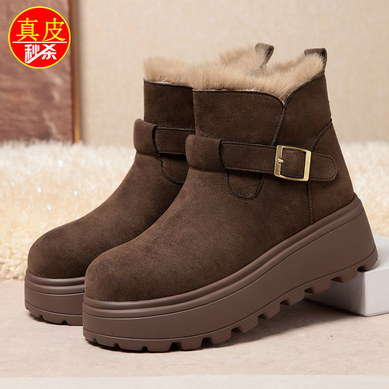 品牌真皮厚底加绒勃肯雪地靴女款2025新款冬季保暖防滑东北大棉鞋