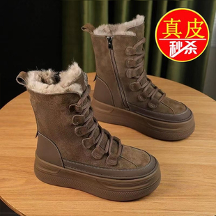 加绒雪地靴百搭复古中筒靴子 冬季 品牌鞋 真皮厚底马丁靴女2025新款