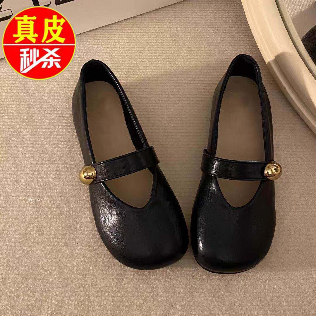 品牌真皮黑色法式配裙子单鞋女2026春季新款百搭圆头平底玛丽珍鞋