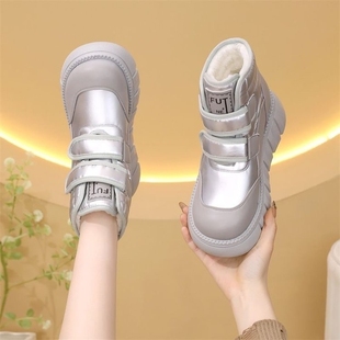 品牌鞋真皮羽绒雪地靴女2025冬季新款魔术贴厚底棉靴银色高帮女鞋