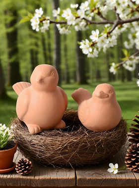 可爱小鸟陶土摆件桌面花园装饰品