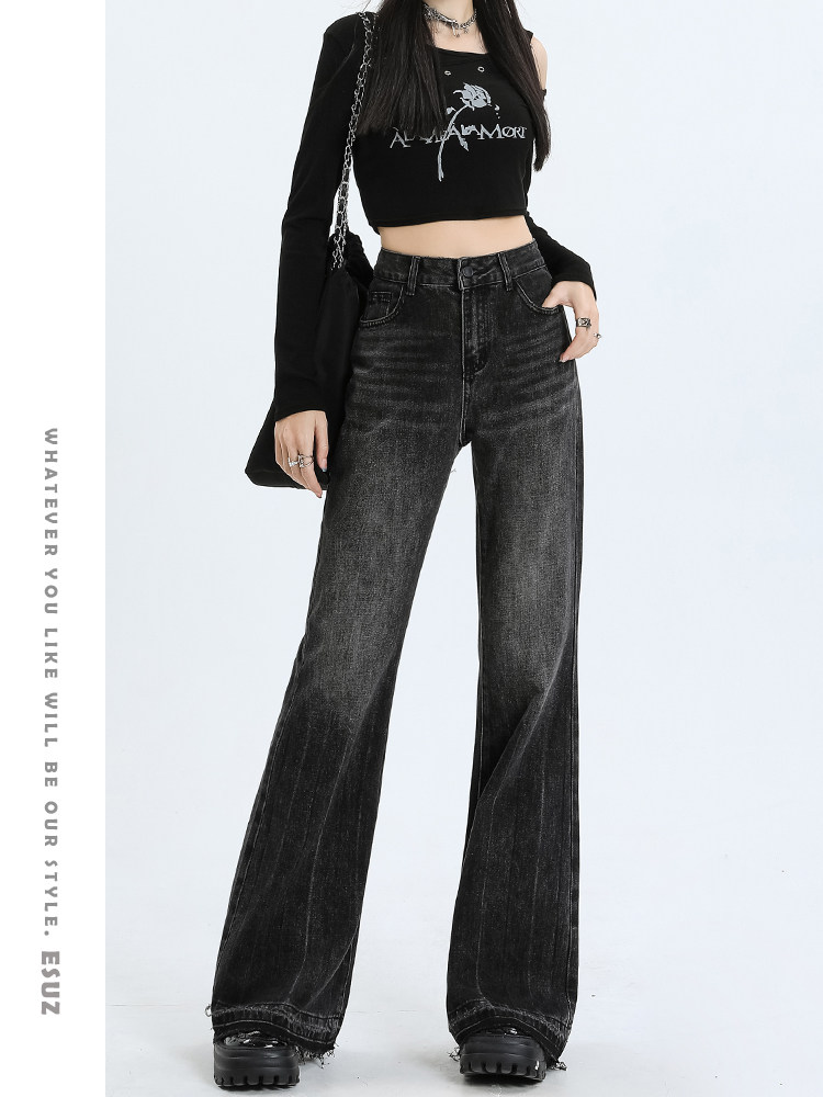 BLACK FLARED LOOSE WIDE-LEG JEANS WOMENS AUTUMN AND WINTER HIGH WAIST DRAPE RAW STRAIGHT FLARED MOP PANTS SPRING AND AUTUMN