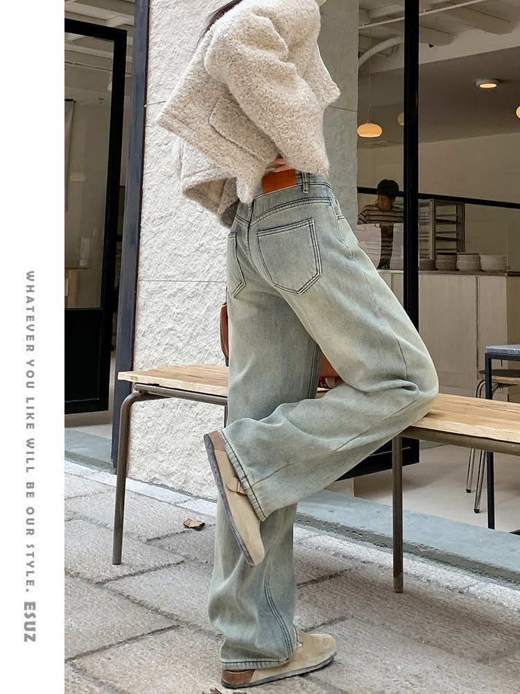 American vintage slim wide-leg jeans for women, autumn and winter 2025 new style, pear-shaped figure flattering, loose, fleece-lined straight pants