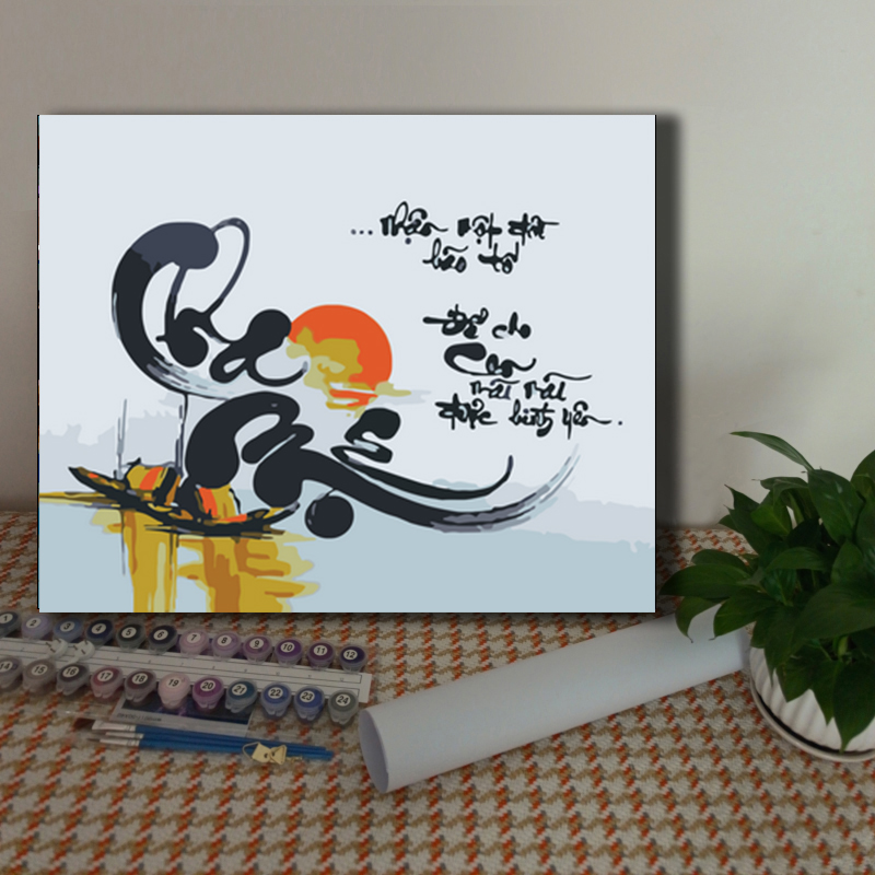 diy数字油画艺术字荷花梅花水墨风景 儿童手绘填色丙烯简约装饰画图片