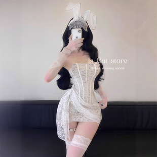 {媚骨天成}蕾丝兔子警官性感睡衣绑带修身网纱抹胸连衣裙包臀短裙