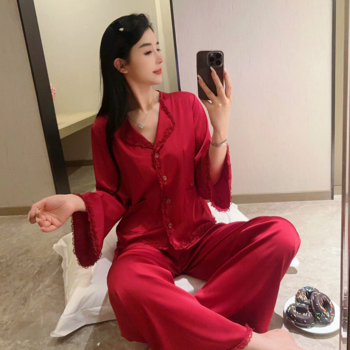 【醋酸缎】红色本命年睡衣女士冰丝小香风高级感新年家居服可外穿,女士内衣/男士内衣/家居服,睡衣/家居服套装,淘宝优惠券,粉丝福利购,淘宝优惠卷