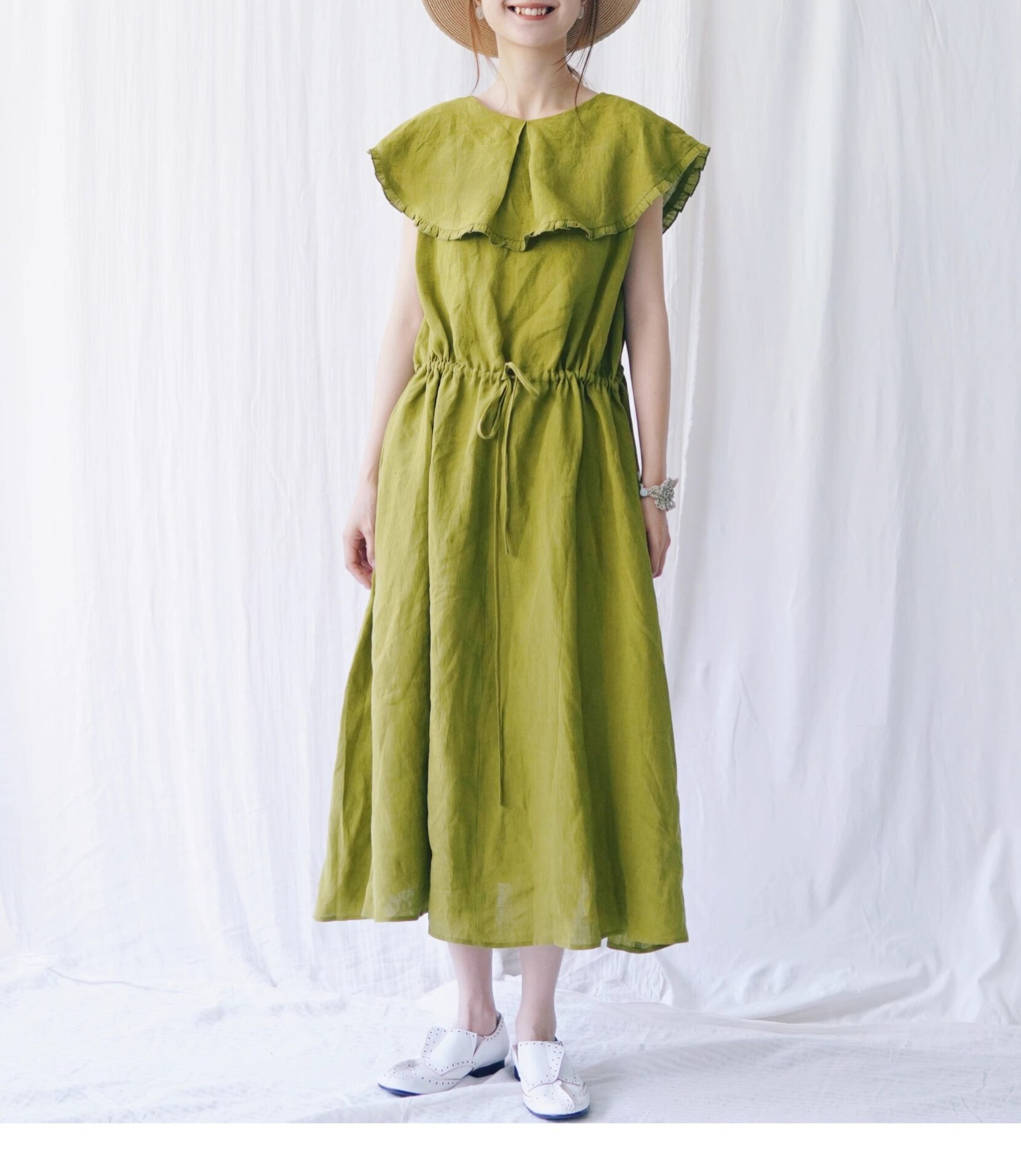 2023抹茶千层系带前后两穿纯亚麻背心连衣裙荷叶边多巴胺女孩裙子