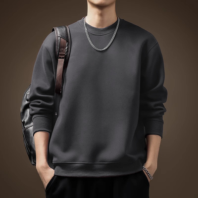 春秋重磅卫衣男生圆领美式上衣宽松大码潮牌痞帅纯色秋季套头长袖