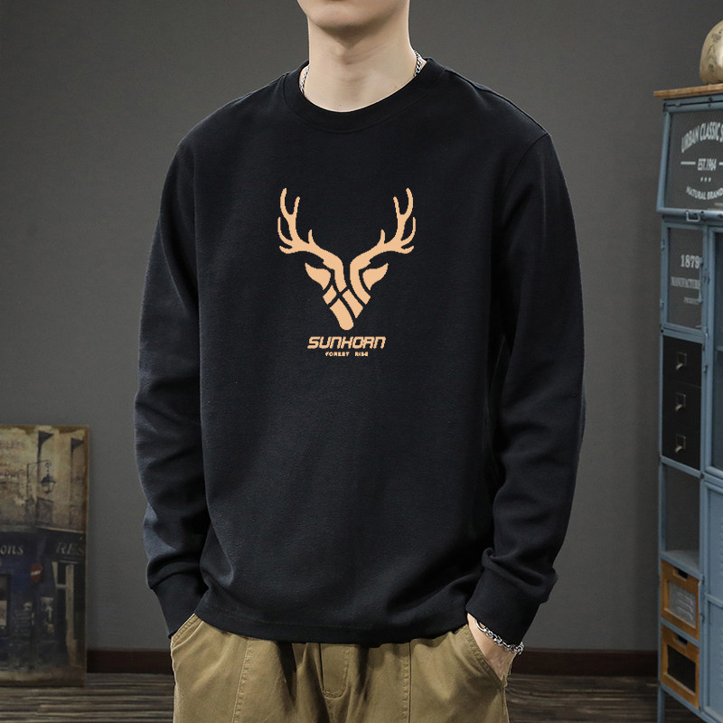 纯棉长袖t恤男新款美式潮牌上衣秋冬宽松260克重磅圆领卫衣春秋季