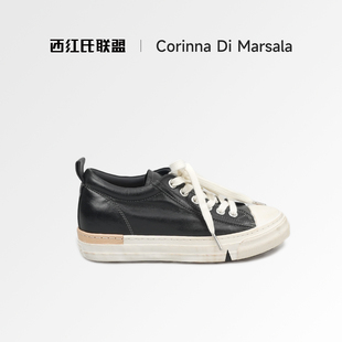 Corinna di Marsala复古做旧马皮休闲鞋 黑白拼色平底帆布鞋女