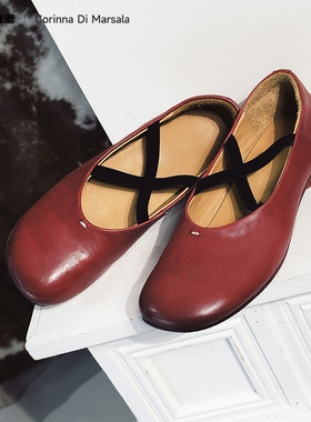 Corinna di Marsala进口马皮复古重工交叉带平底芭蕾舞奶奶鞋女鞋