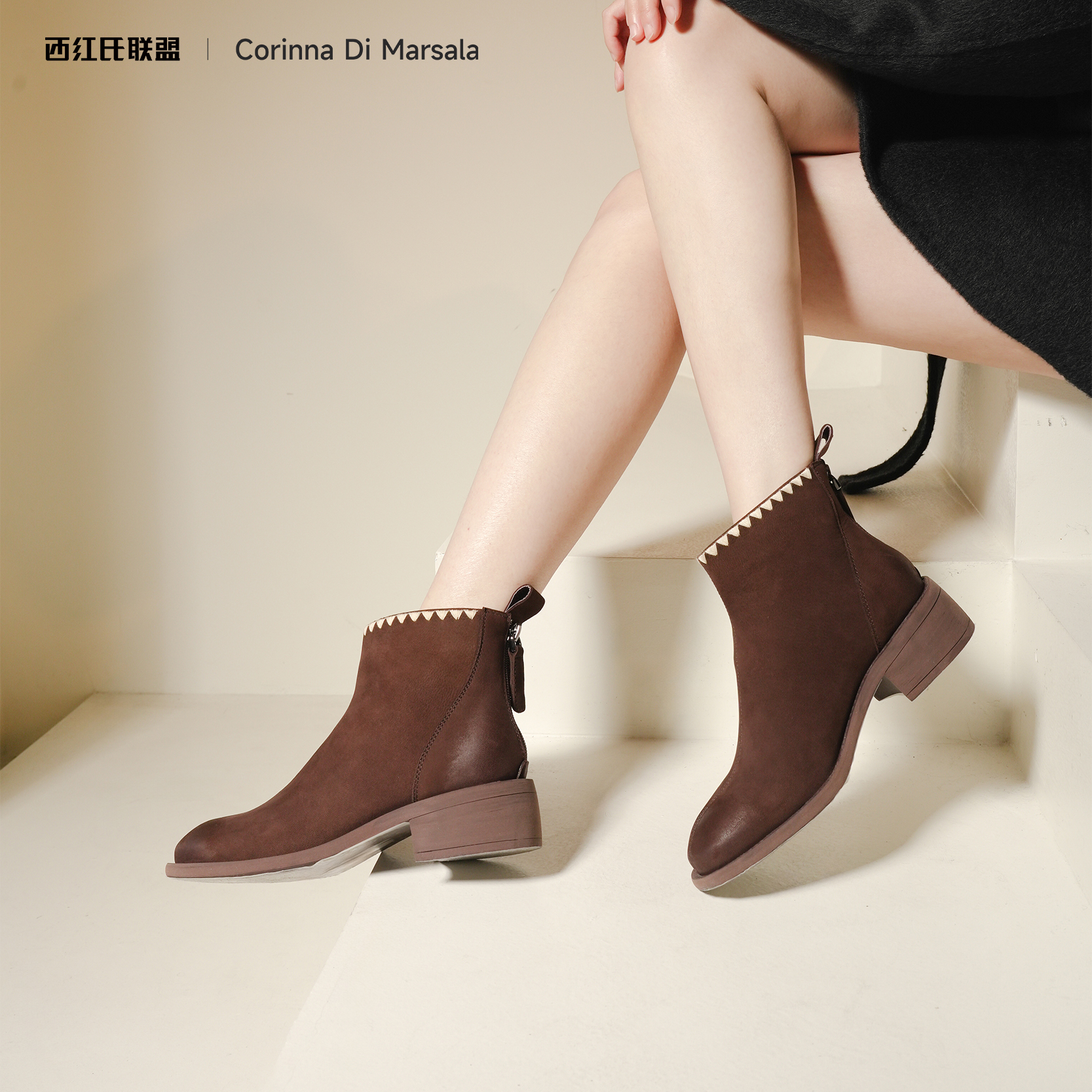 踝靴粗跟棕色增高复古厚底