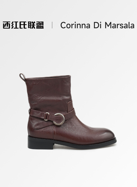 Corinna di Marsala2025新款圆头皮带扣中筒靴粗跟时装靴马丁靴