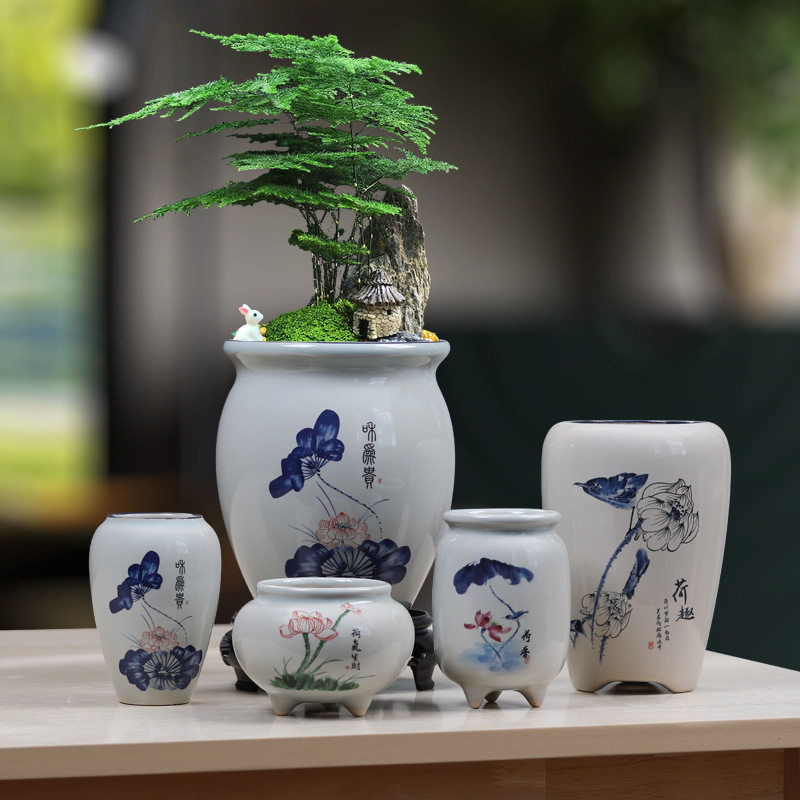 创意青花陶瓷花盆家用办公室桌面文竹发财树蝴蝶兰多肉专用盆栽盆