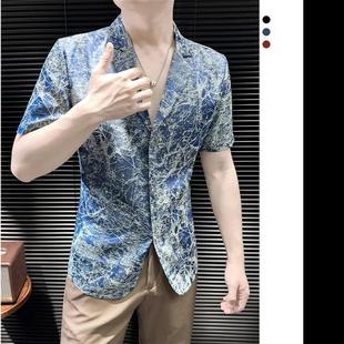 轻熟风休 廷侯轻奢男装 欧货轻奢e古巴u领印花Q男款 25夏季 K冰丝短袖