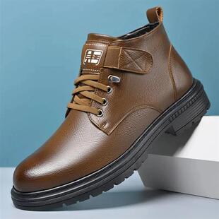 亚玛尼高奢男士真皮加绒保暖牛皮冬软底防滑时尚靴子休闲鞋高筒鞋
