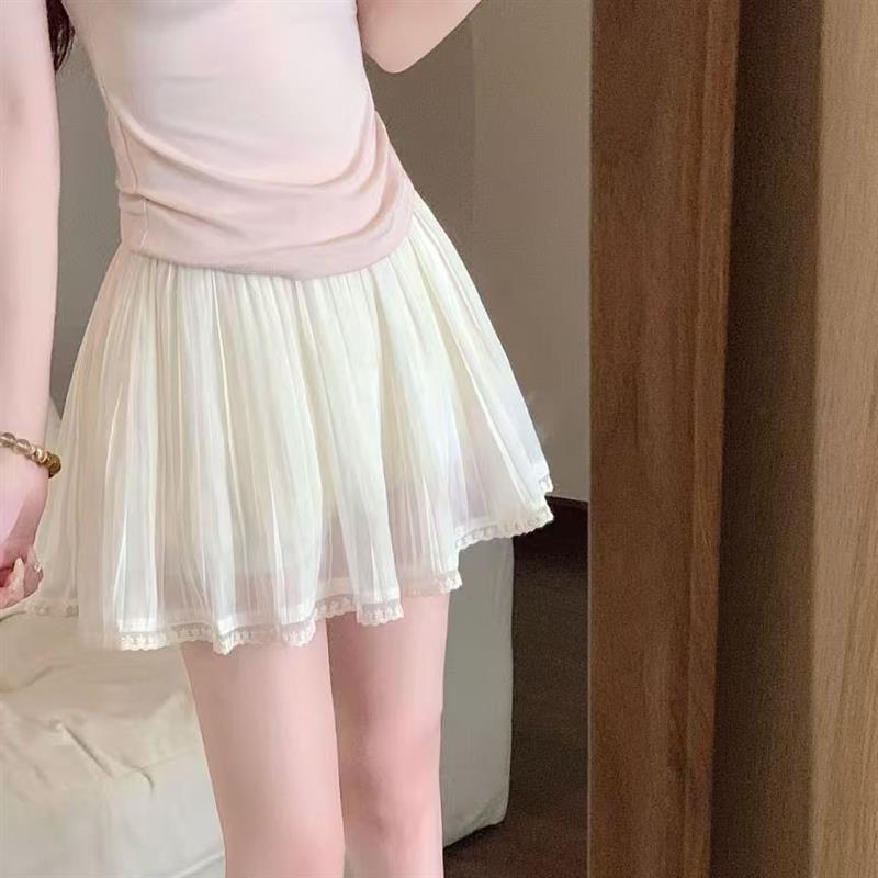 【专柜正品】夏季温柔甜美风高腰显瘦蕾丝百褶A字半身短裙女百搭