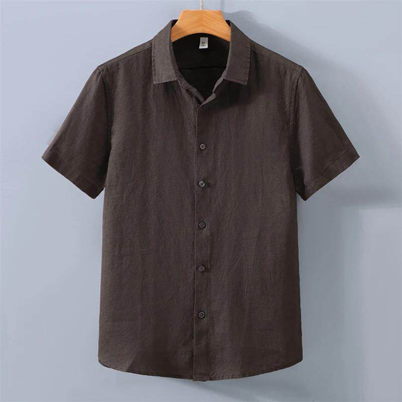 GREENWOOD青木男装纯亚麻料短袖衬衫男士复古棉麻布上衣夏季薄款