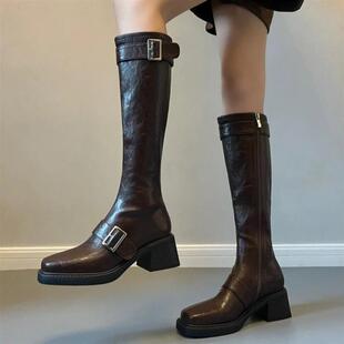 觅华轻奢女鞋企业店皮带扣橡胶软底长H筒靴细腿长靴女新骑士靴粗