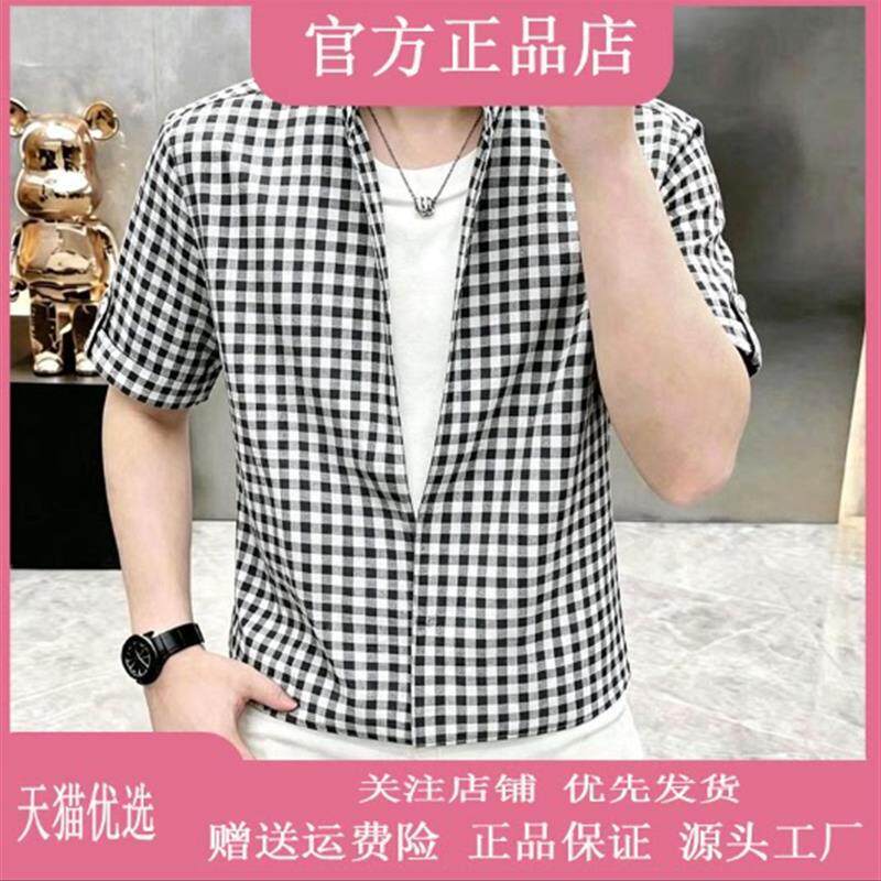 特琪轻奢服饰Amphelisia夏季男士假两件格子拼接短袖衬衫百搭男装