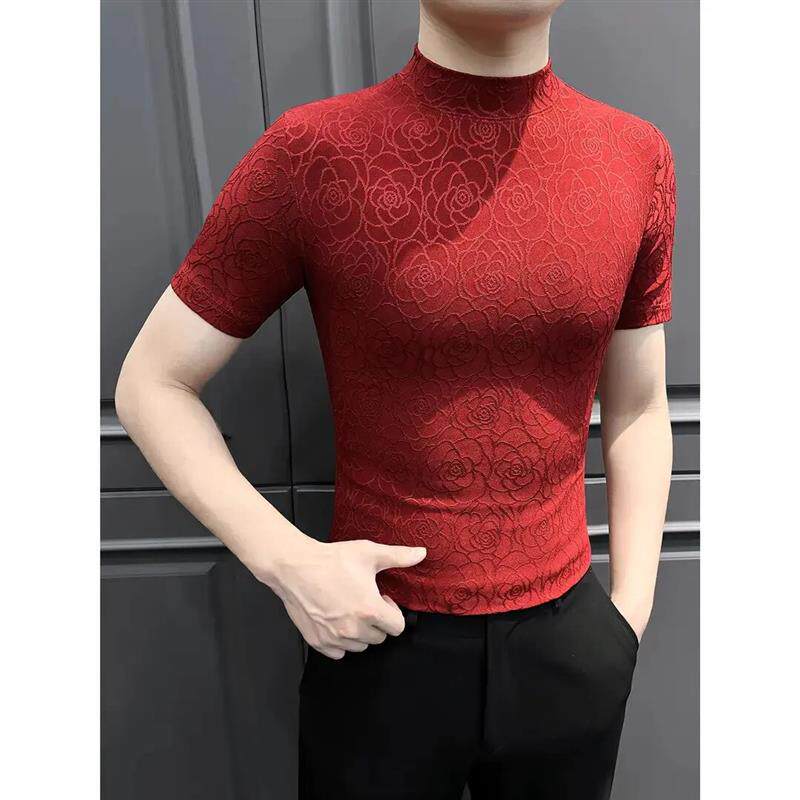柏朗男装品质甄选提花短袖男洋气炸街男装高级感半高领修身打底衫