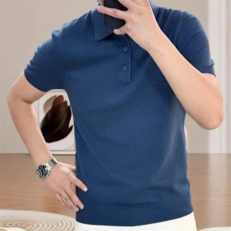 鼎奢男装5冰丝春夏翻领T恤精致线针织短袖商务休闲菠萝针polo
