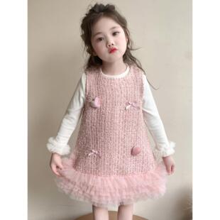 女童洋气小香风秋冬季加绒连衣裙套装女宝宝2025新款加厚蛋糕裙子