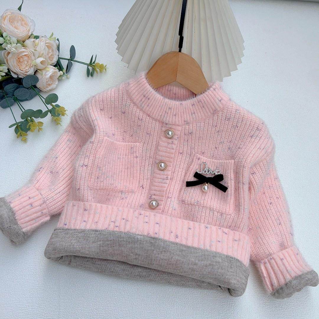 女童加绒加厚毛衣时髦洋气外套2025秋冬新款儿童针织衫大童保暖衫
