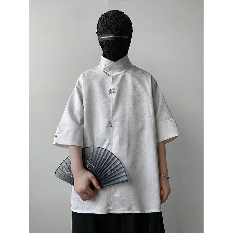 新中式风K缎面提花暗纹立领小众冰丝金属扣衬衫男CS32-P78控98，男装衬衫，电商A005A