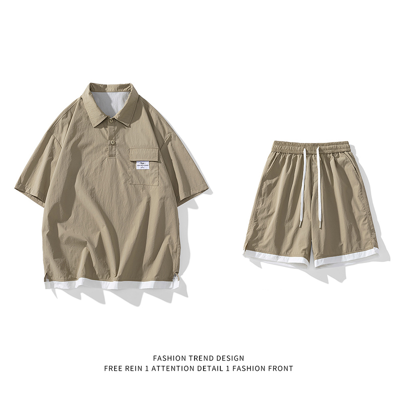 白底得物C工装衬衫美式短袖polo衫潮牌衬衣半袖套装87005-P80，男装休闲套装，电商A005A